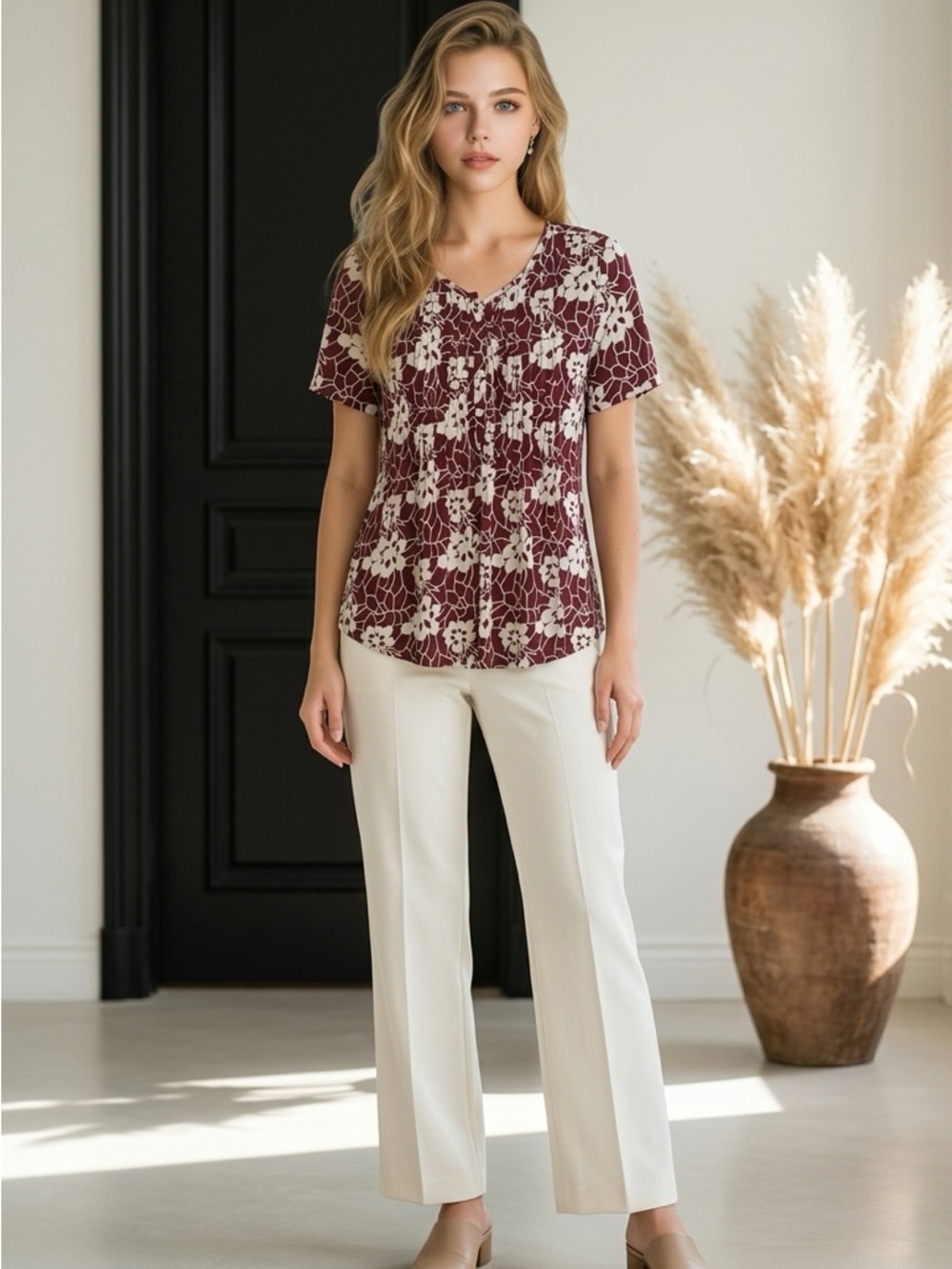 Short Sleeve Floral Pleat Front Blouse - Burgundy/White